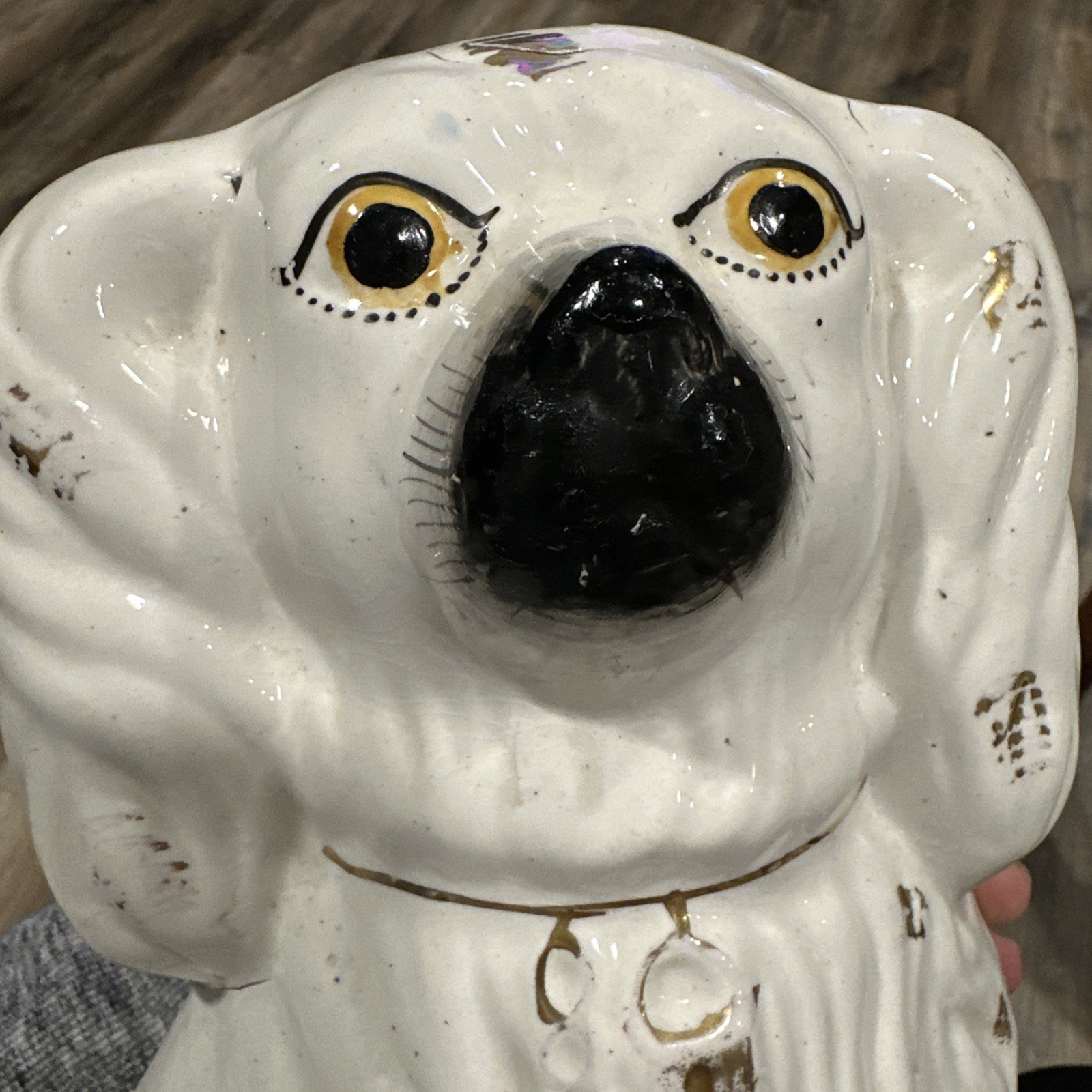 19thC STAFFORDSHIRE WHITE & GILT SEATED SPANIEL DOG Large 15 Inches Tall Rare