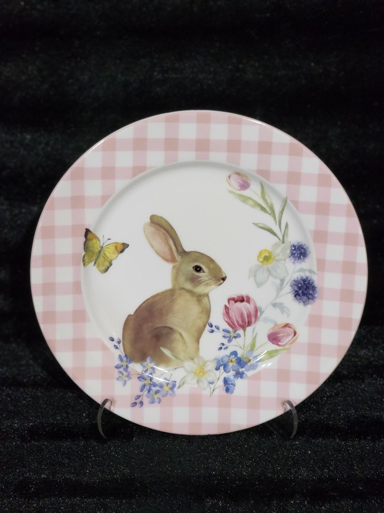 3pc Easter Bunny Pink Gingham 2-Tier Serving Tray Cookie Stand & 2 Salad Plates