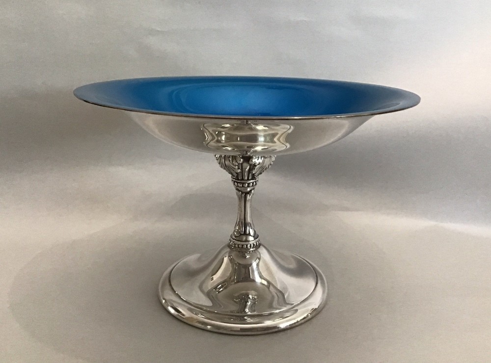 Reed & Barton Peacock Blue Enamel Silver Plate Stem Pedestal Compot Candy Bowl￼