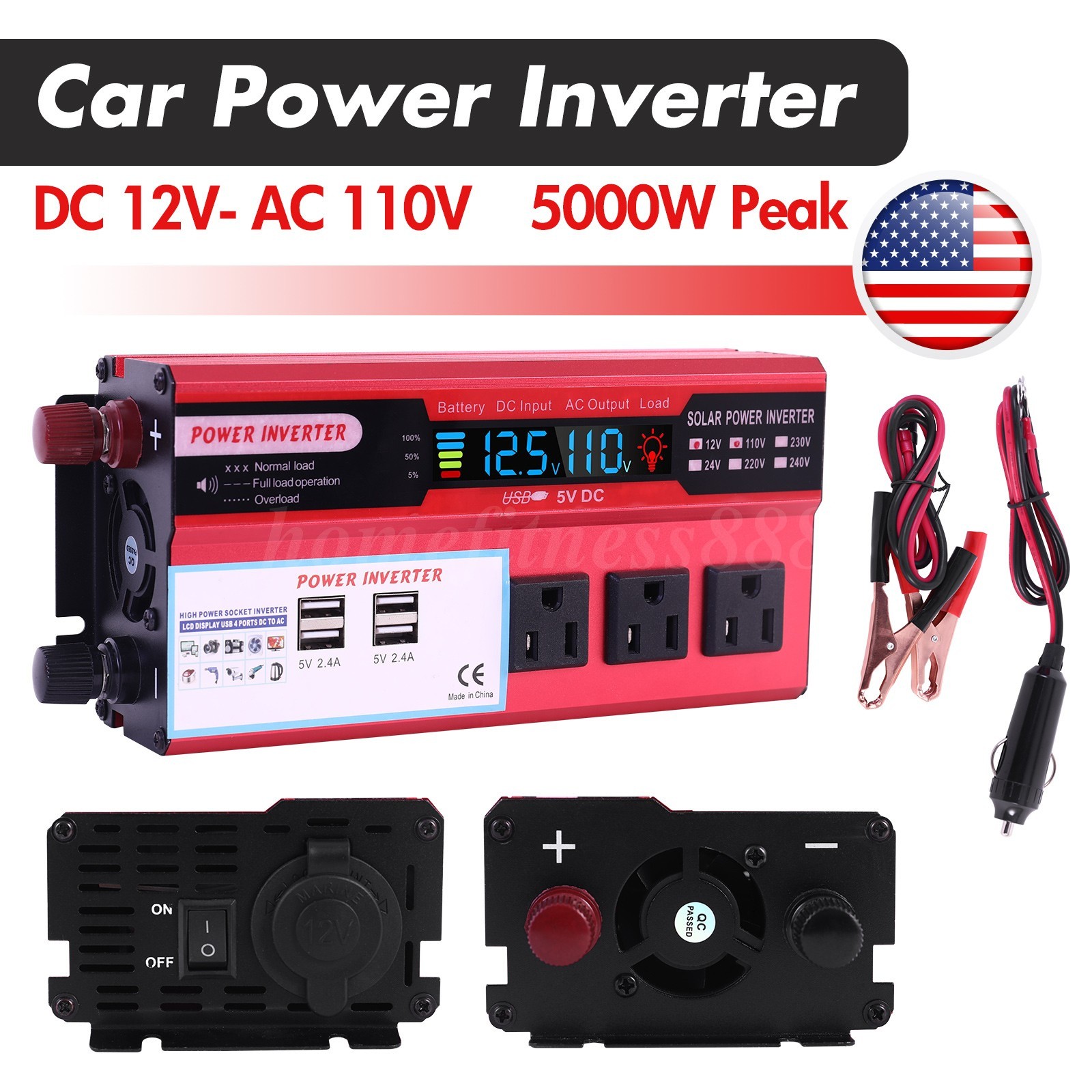 Pure Sine Wave Solar Converter 5000W Car Power Inverter DC 12V To AC 110V 4 USB