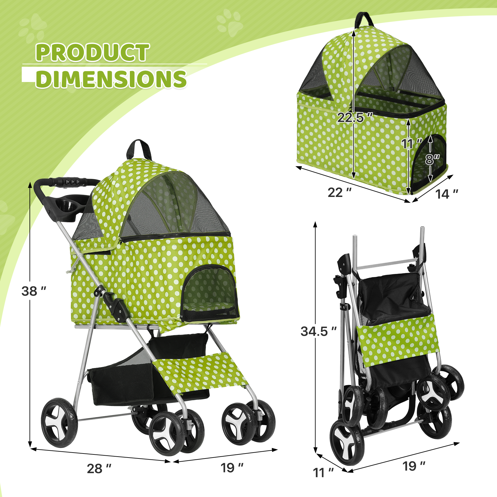 Foldable Pet Stroller Dog Stroller Removable Travel Carrier+Cup Holder 4 Wheels