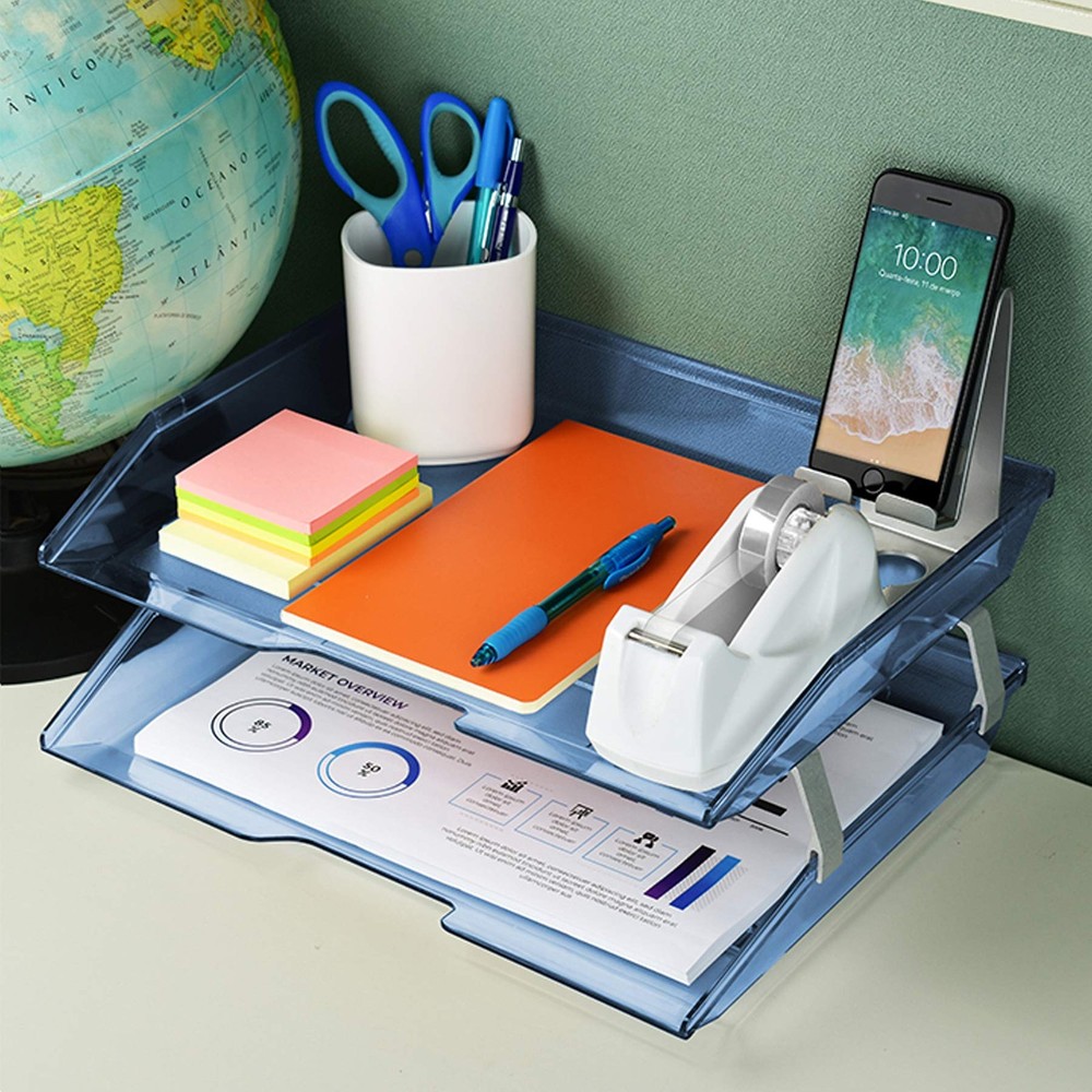2 Tier Letter Tray Clear Blue Plastic Side Load Desktop File Organizer