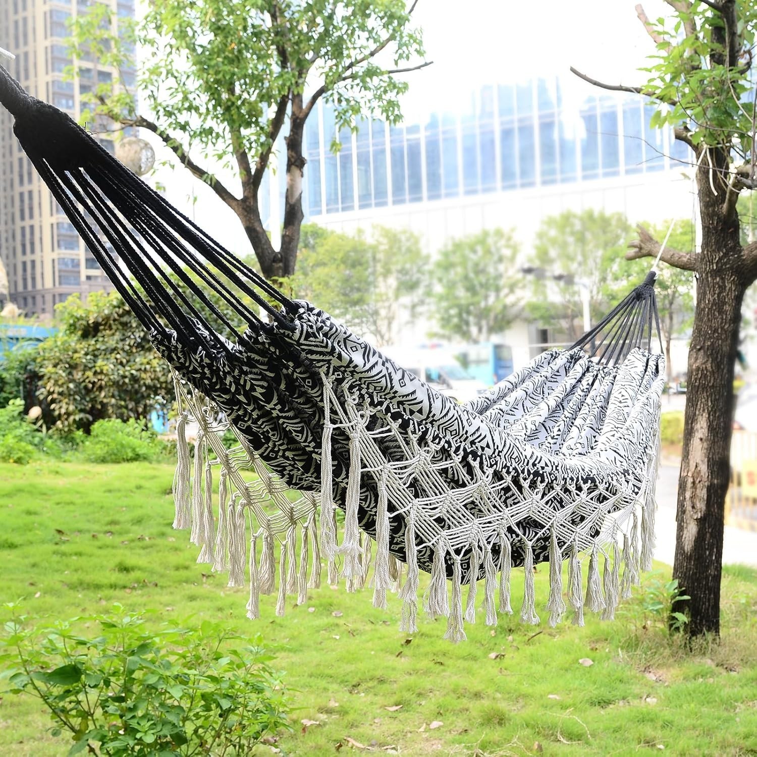 Bohemian Striped Tassel Double Hammock - 100% Cotton, Durable & Easy to Store