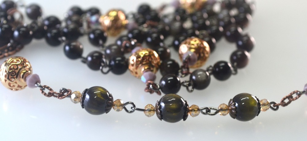 Our Lady of Solitude Rosary Black Obsidian Beads Mother Mary Centerpiece