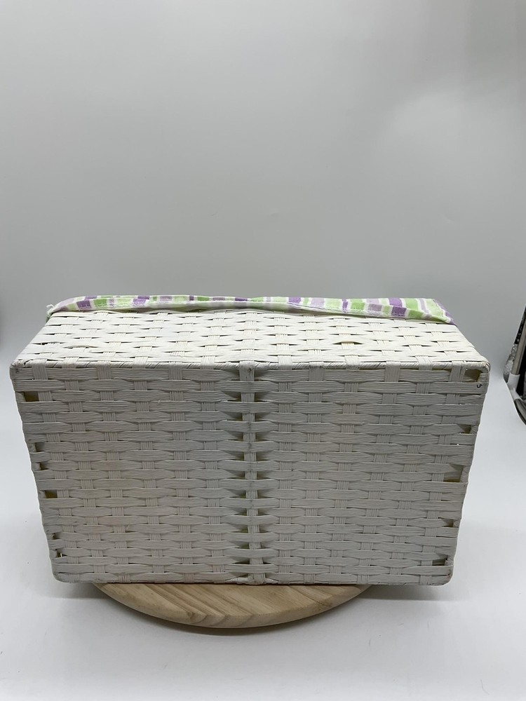 White Wicker Rectangular Basket Handle Lined Striped Fabric Insert Storage Tray