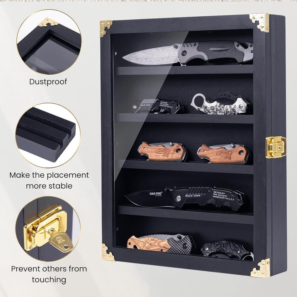 Wall Mounted Wooden Knife Display Case, Four Replaceable Single Grooves, Deta...