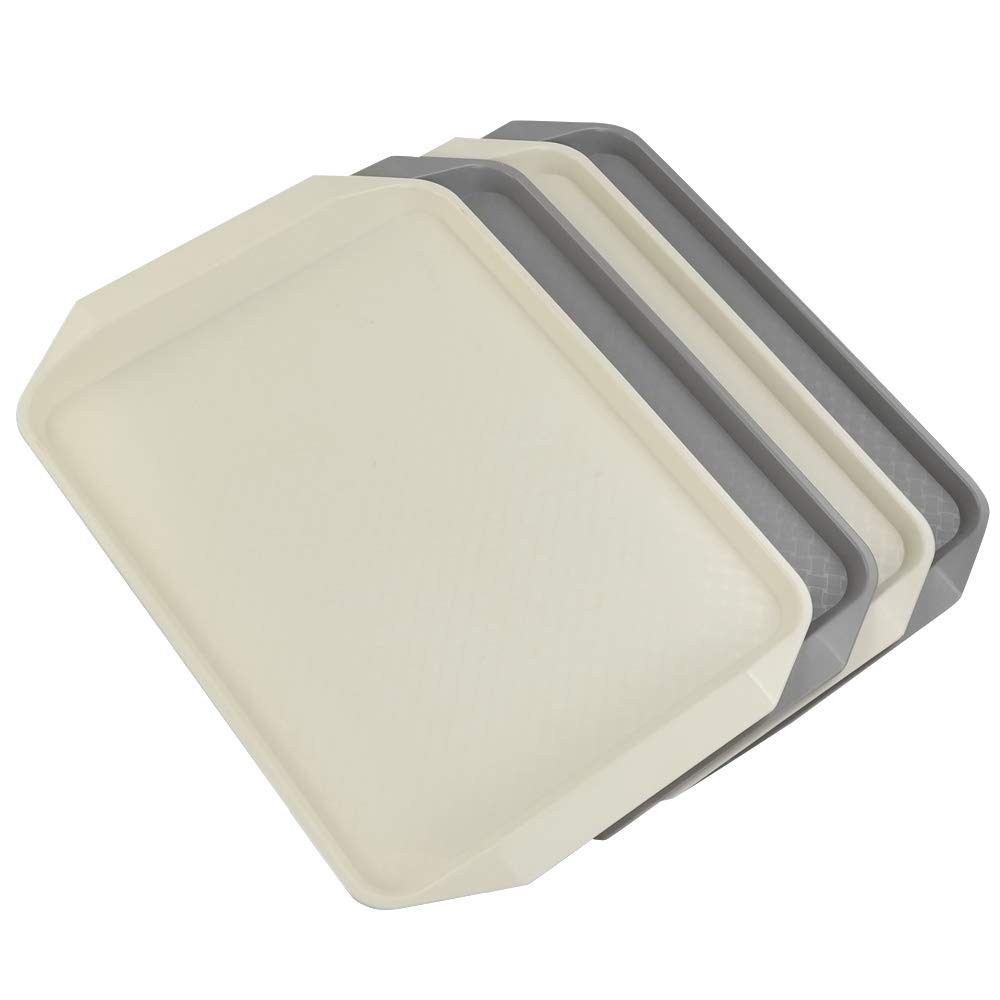 4 Pack Rectangular Plastic Fast Food Trays Cafeteria Serving Grey Beige