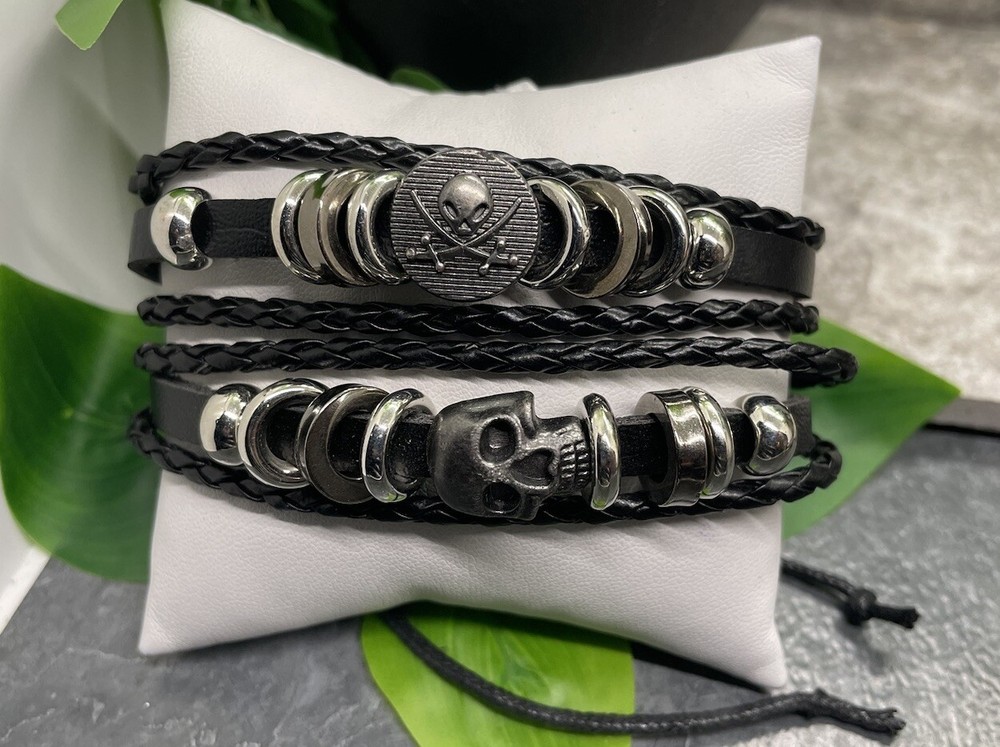 2 PC Leather Bracelet  Stackable Adjustable Tie Free Ship Skull  B3271