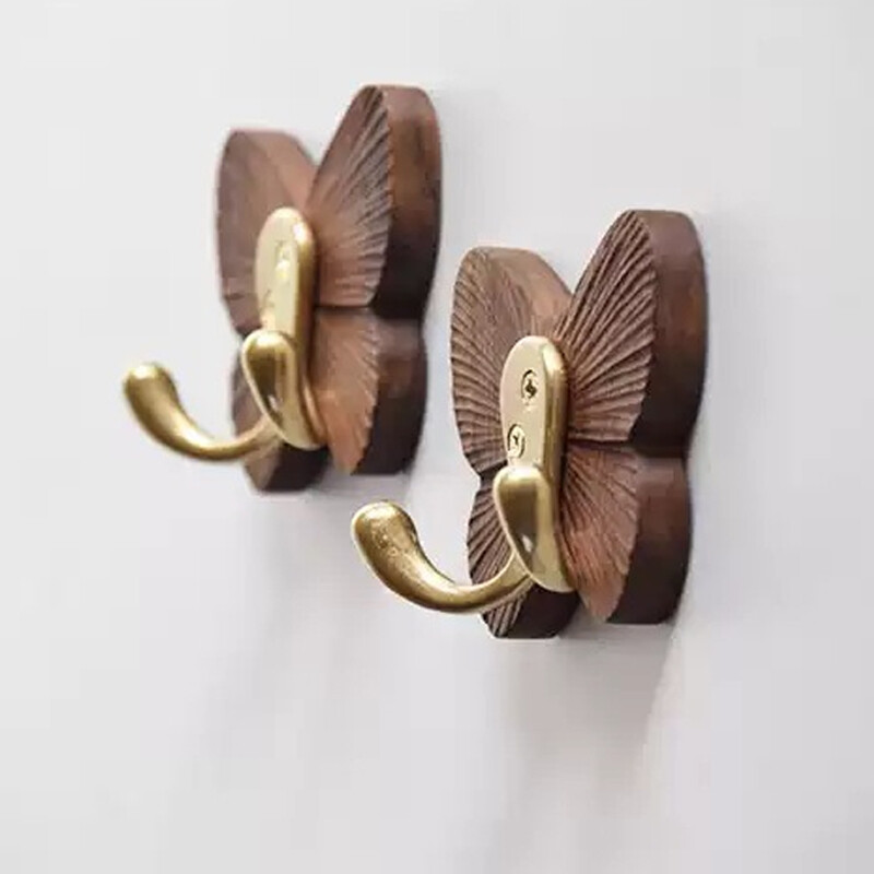 Butterfly Solid Wood Creative Walnut Traceless Adhesive Coat Door Clothes Hook.