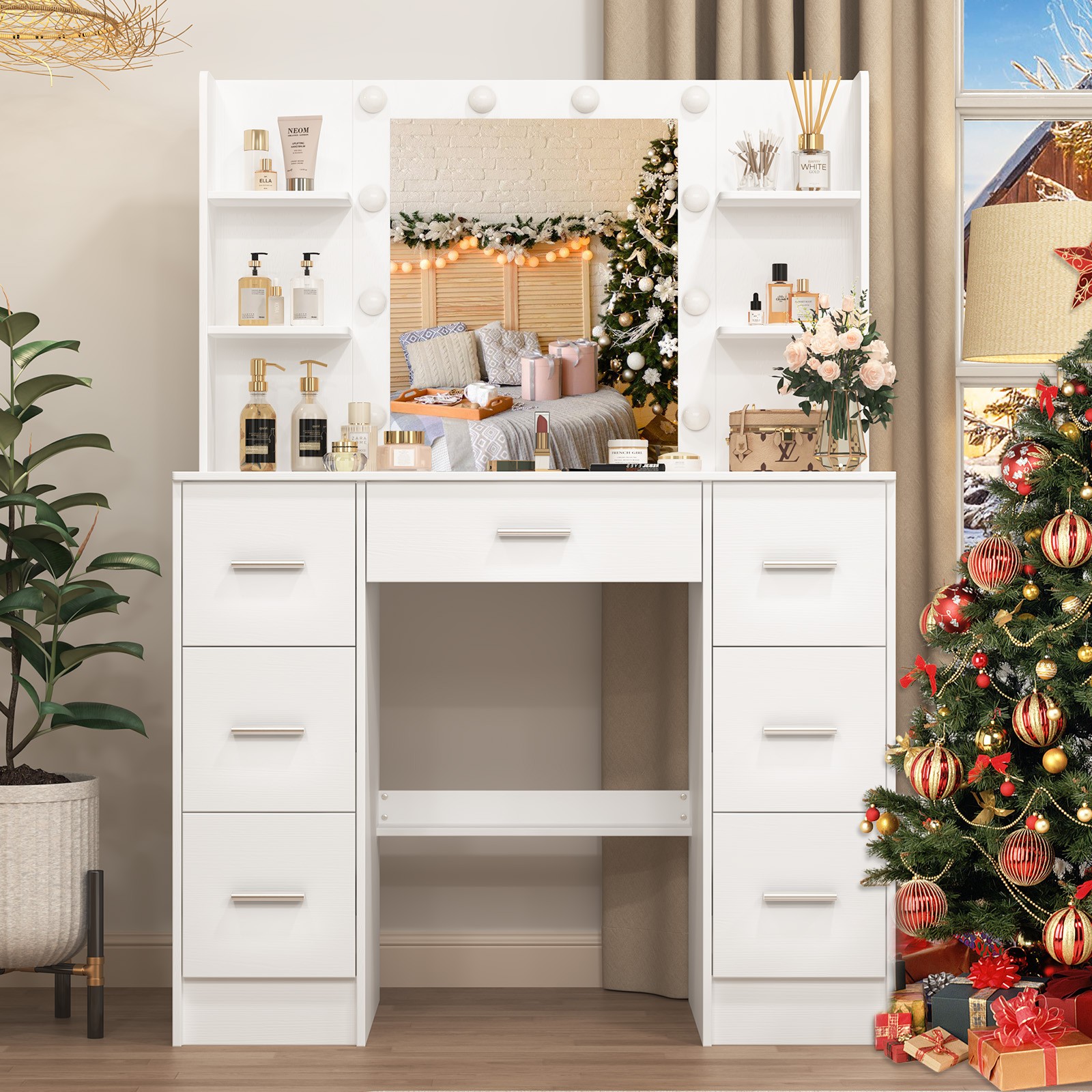 10 lights LED Mirror For Bedroom White Makeup Dressing Vanity Table For Gifts US