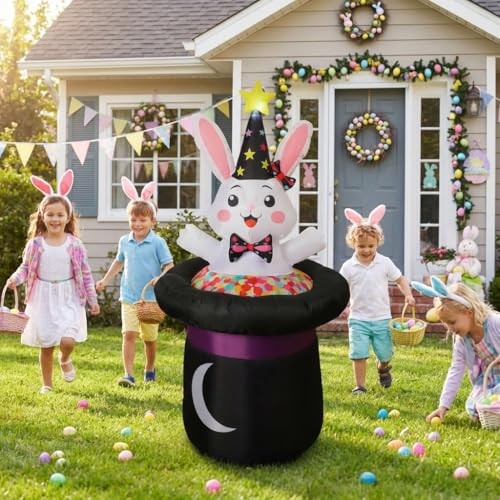 5 Ft Inflatable Easter Bunny in Magic Hat Yard Decoration, Cute Wizard Rabbit