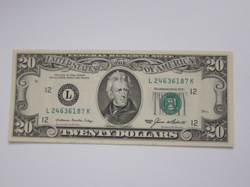 1985 $20 Printing Error on Back #L24636187K