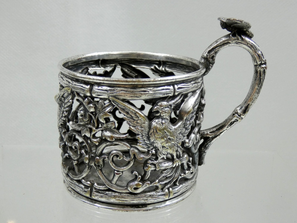 SUPERB ANTIQUE SILVER PLATED BRONZE TEA GLASS HOLDER PODSTAKANNIK Poland Warsaw