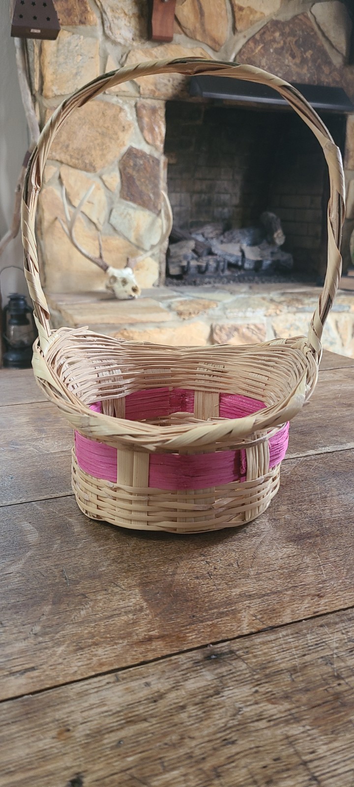 Vintage Woven Easter Basket Pink Green Handle Mexico 70s Traditional 9 X 11