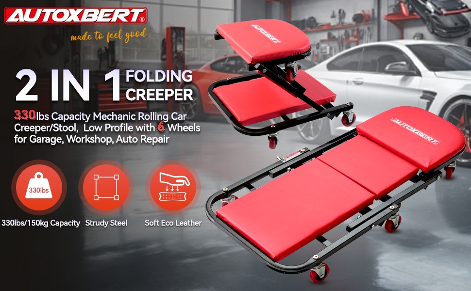 Red [FOLDABLE CREEPER+UPHOLSTERED SEAT] Rolling Mechanic Vehicle Repair Stool