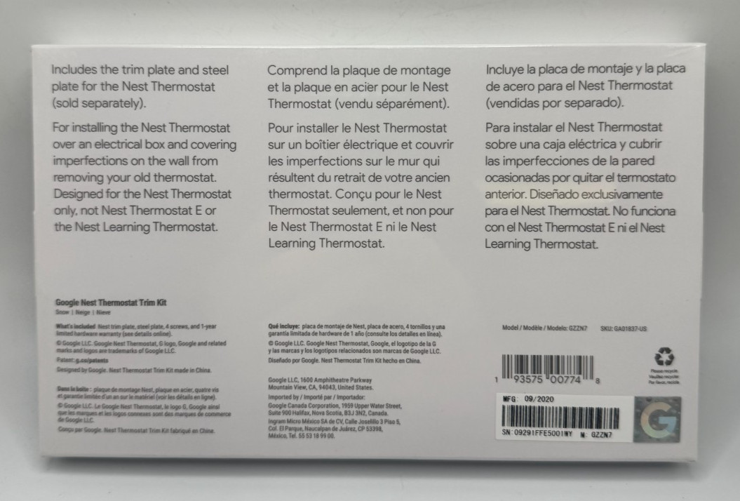Google Nest GZZN7 Thermostat Trim Kit GA01837-US - Snow **E27**