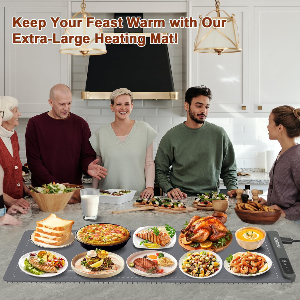 Extra Large Graphene Food Warming Mat - 6 Temp Settings & Timer, Portable Use