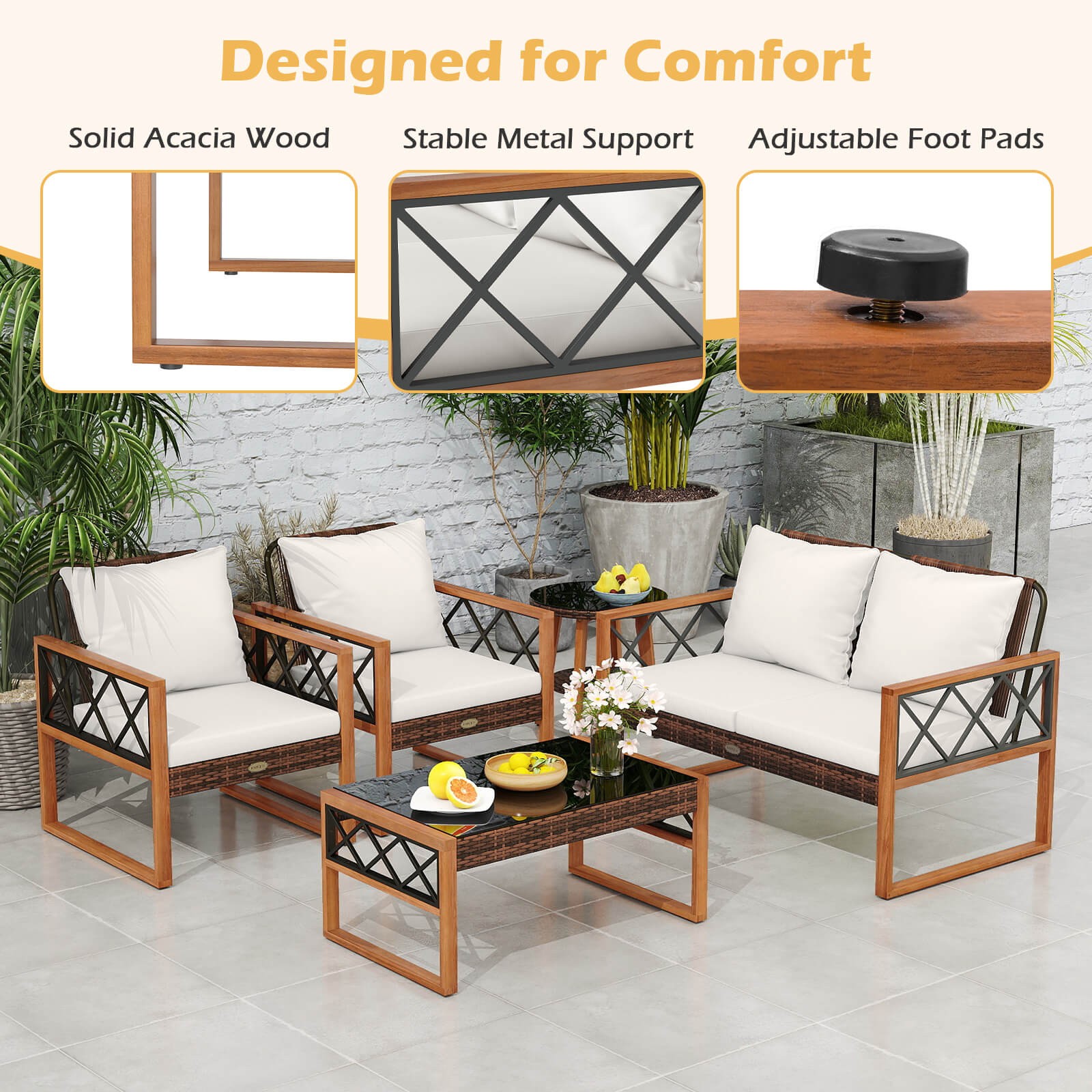 5 PCS PE Wicker Patio Furniture Set w/Acacia Wood Frame Cushions for Deck Garden