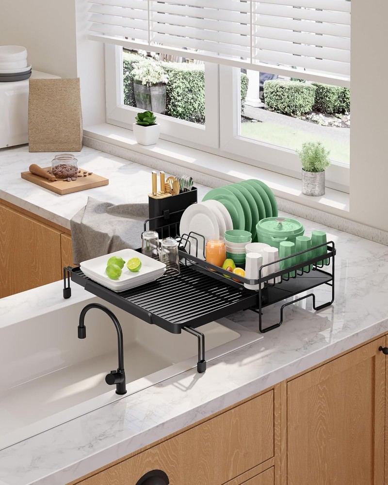 Extendable Dish Drying Rack Adjustable Length 12.8"–21.0" Auto-Draining Dish