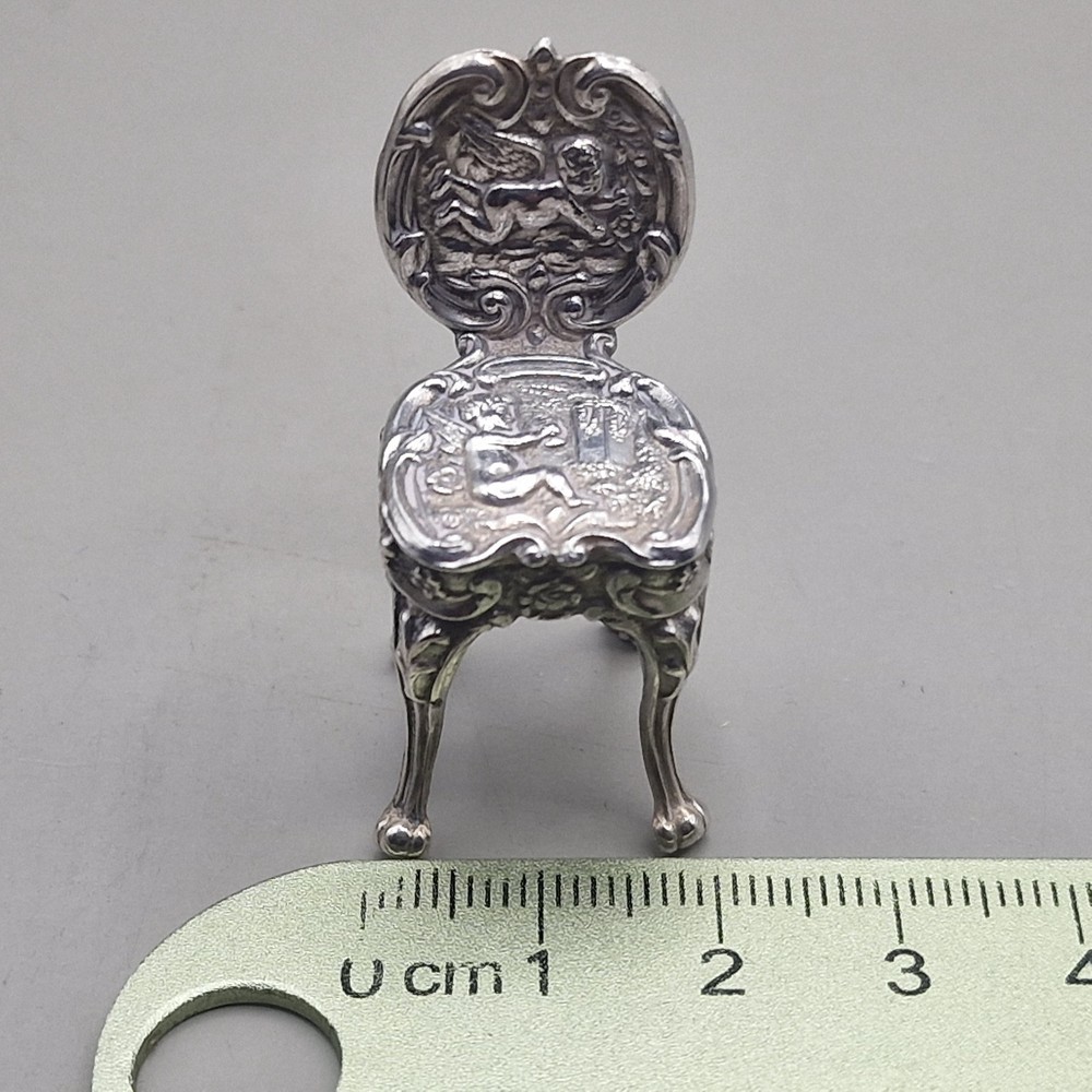 Vintage Solid Silver Miniature Dollhouse Table & Two Cherub Chairs