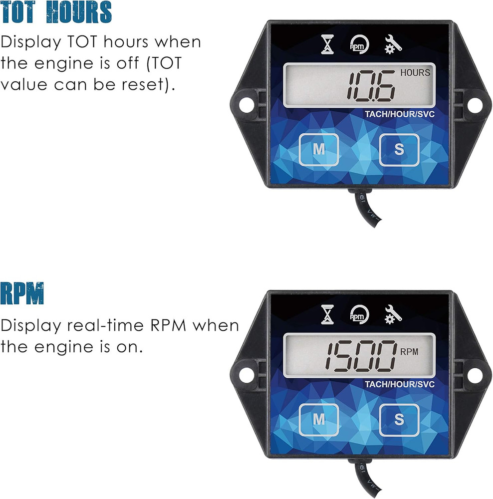 Small Engine Hour Meter, Digital Tachometer, Maintenance Reminder, Battery Repla