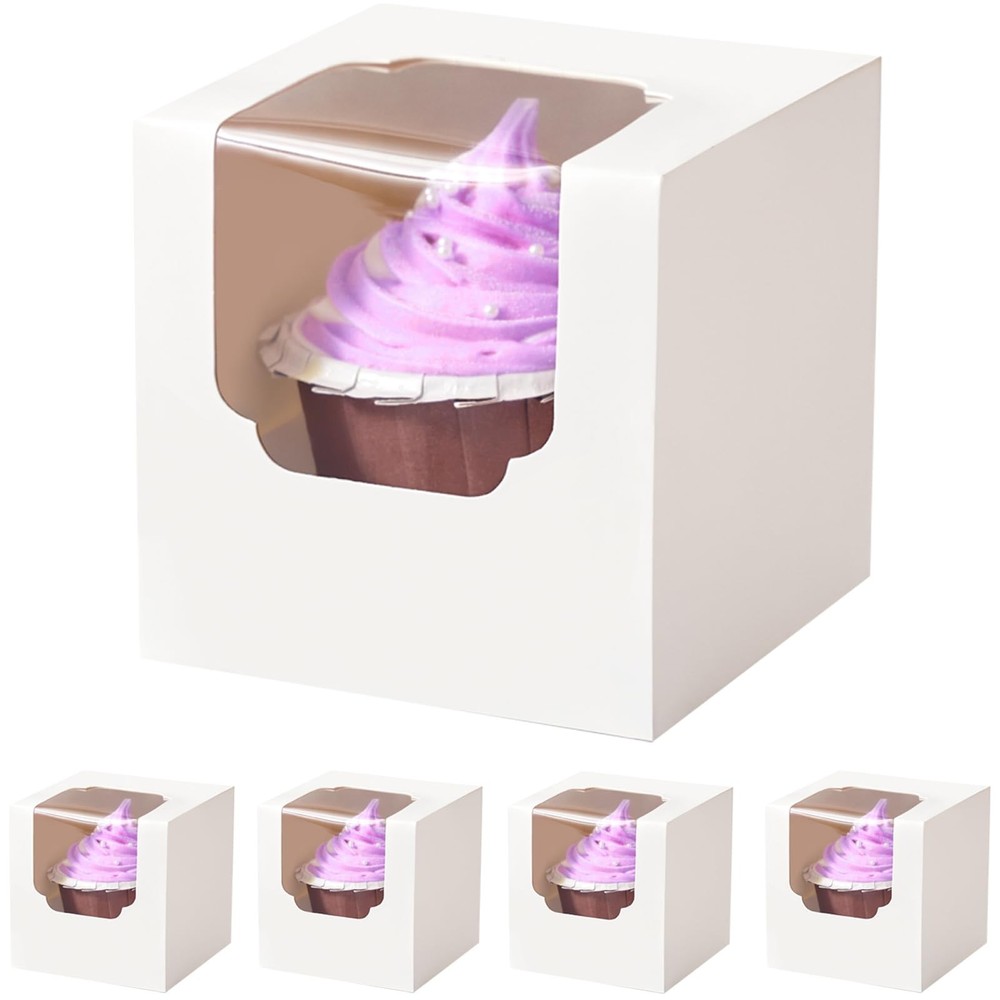 30 Pcs White Cupcake Boxes Individual Easy Assembly with Insert and Window, 3...