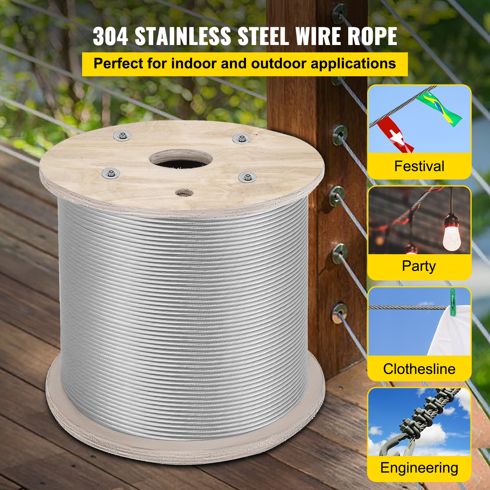 VEVOR T304 Stainless Steel Cable 1/4" 7x19 Steel Wire Rope 200ft Cable Railing