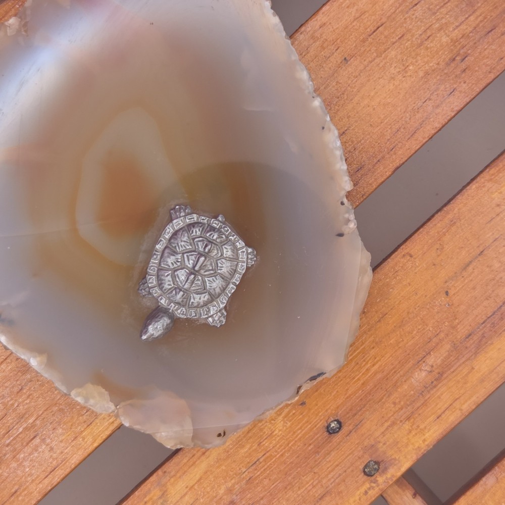 Pewter Turtle Figurine On Agate Slab
