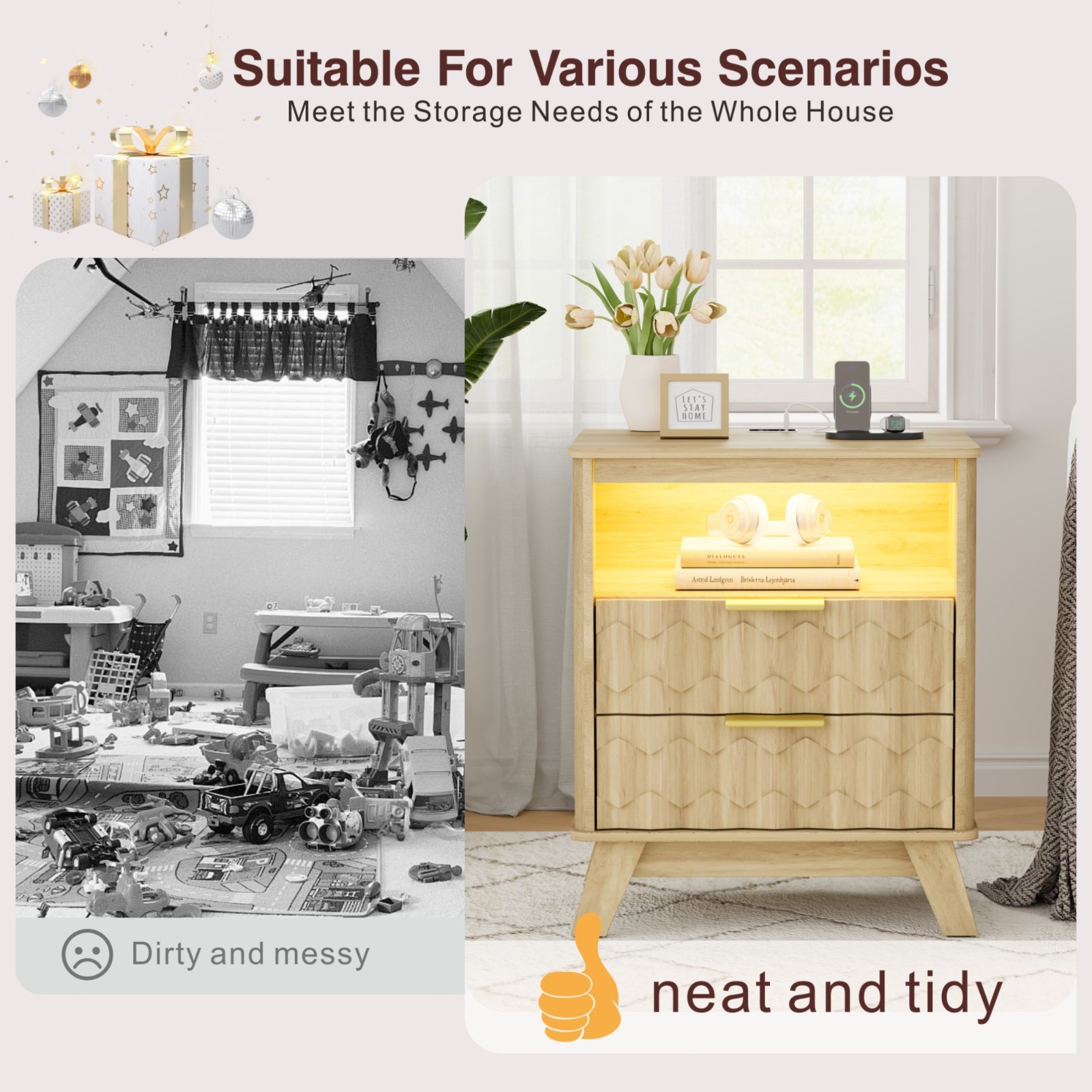 Gurexl LED Nightstand - with Auto Sensor, Natural Night Stand with 3 Color Light