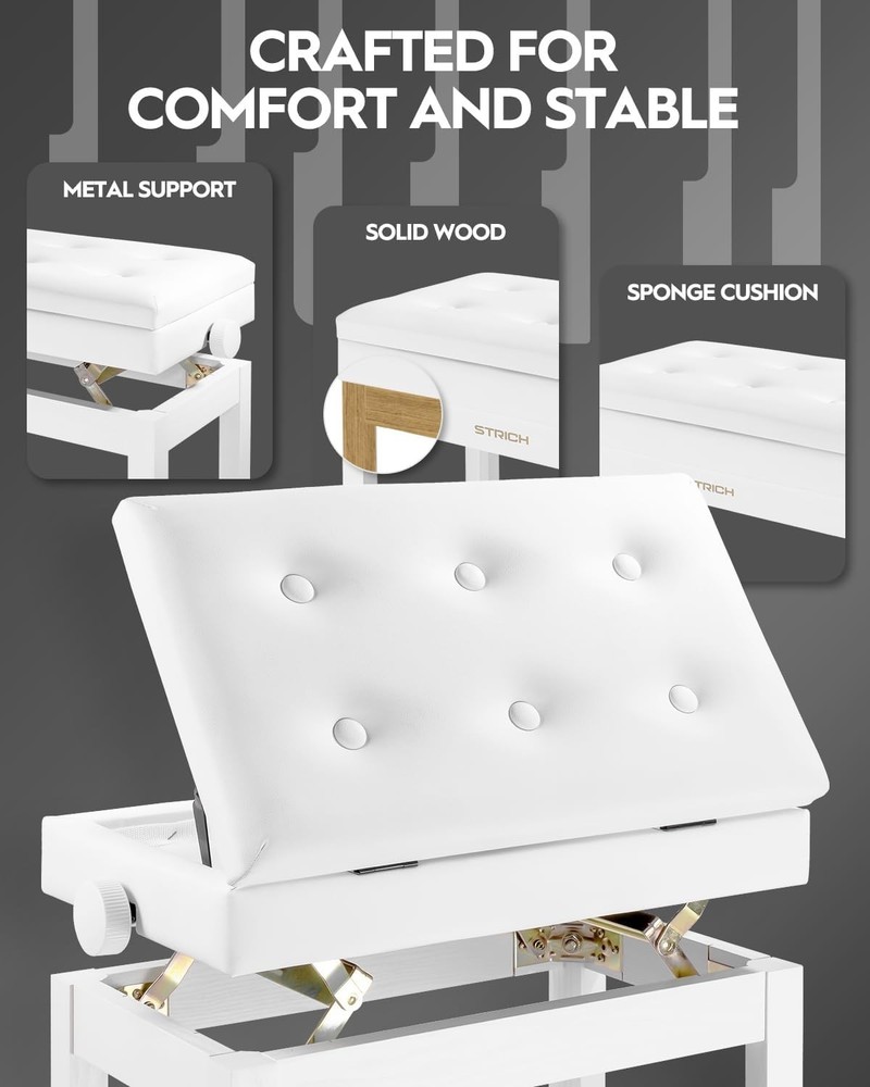 STRICH Adjustable Cushioned Piano Bench w/ Storage (WHITE)