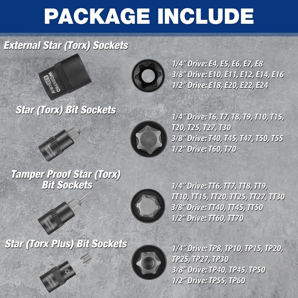 WORKPRO 60PC Female E-Torx Socket E4-E24 Star Socket BitT6-T70 TT6-TT70 TP8-TP60