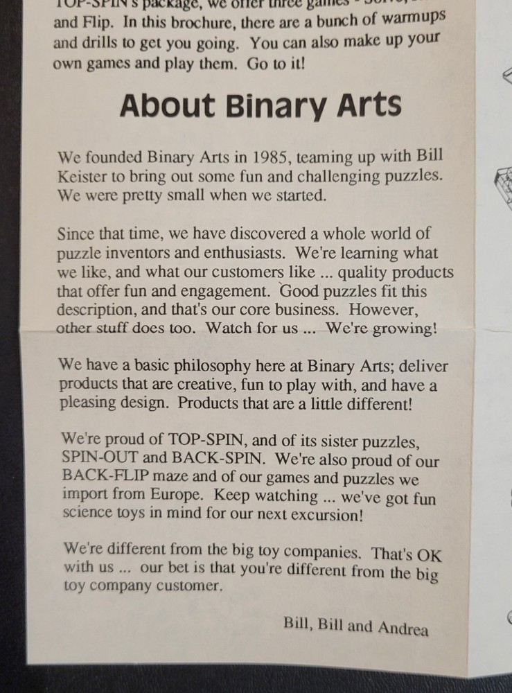 Vintage - Instructions ONLY - TOP-SPIN - Binary Arts