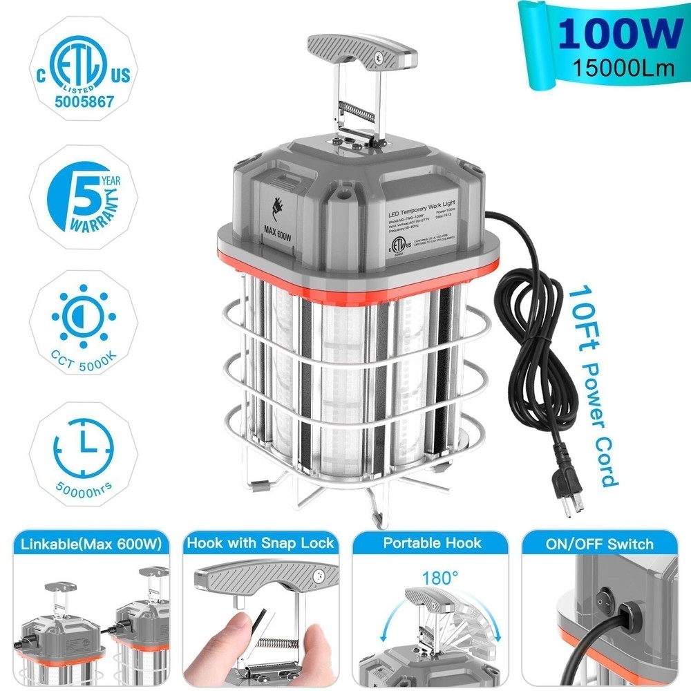 100W LED Temporary Work Light Linkable Constructions High Bay Lamp Plug In 5000K