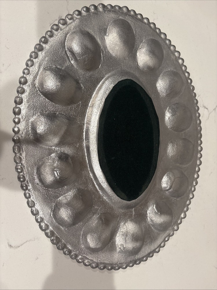 Oval Rabbit Deviled Egg Silver Tone Metal Platter Tray Beaded Trim