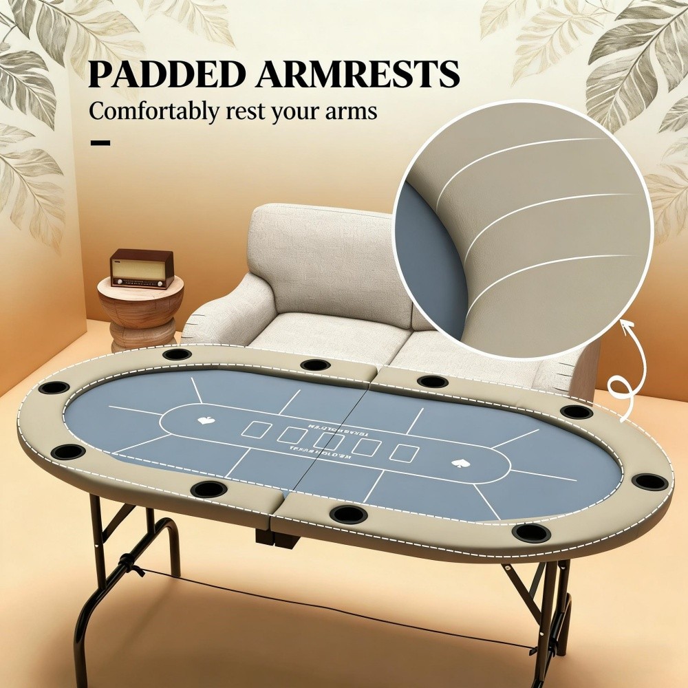 Poker Table 70" Extra-large Oval Foldable Game Table for Eight Players