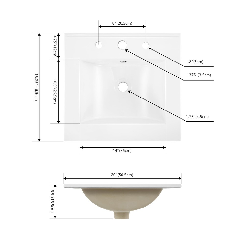 20 Inch White Ceramic Rectangular Sink Basin For Bathroom Vanity Classic Style