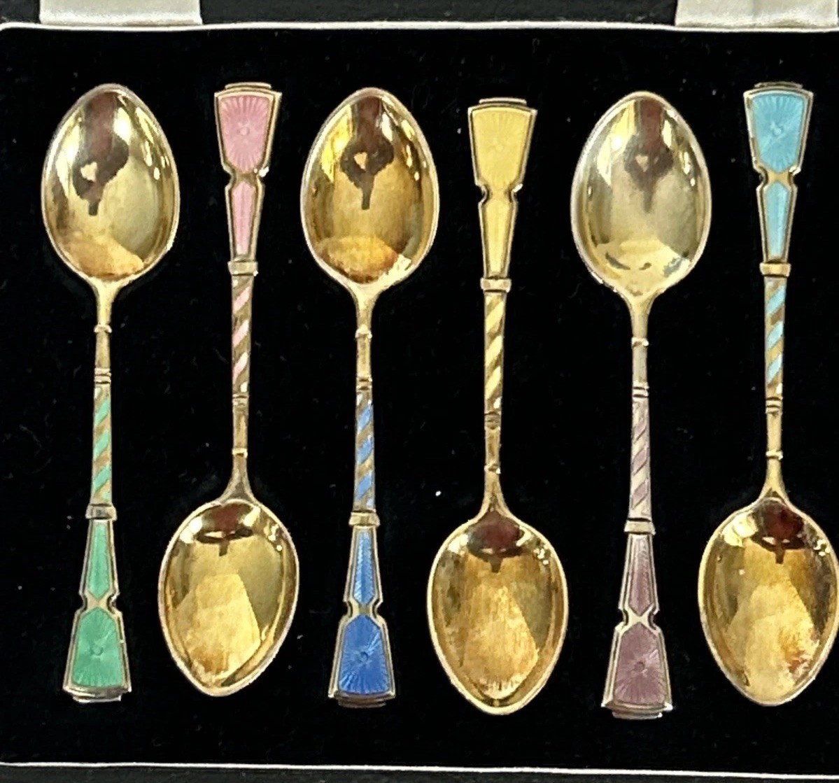 Vintage Walker & Hall Set Of 6 Silver Gilt And Enamel Coffee Spoons - England