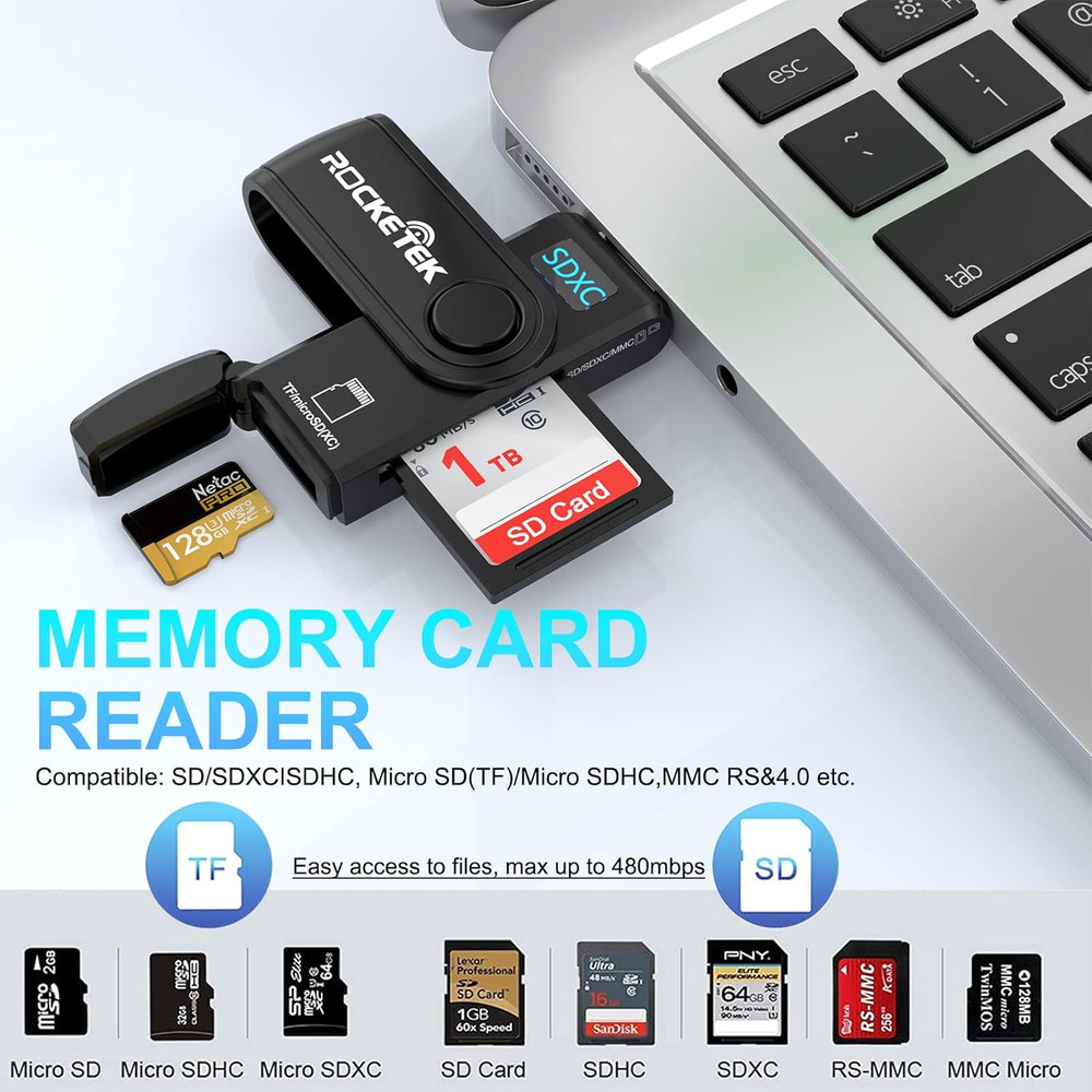 USB 3.0 SD Card Reader, 2 Slots Memory Card Reader with a Build-In Micro SD Car
