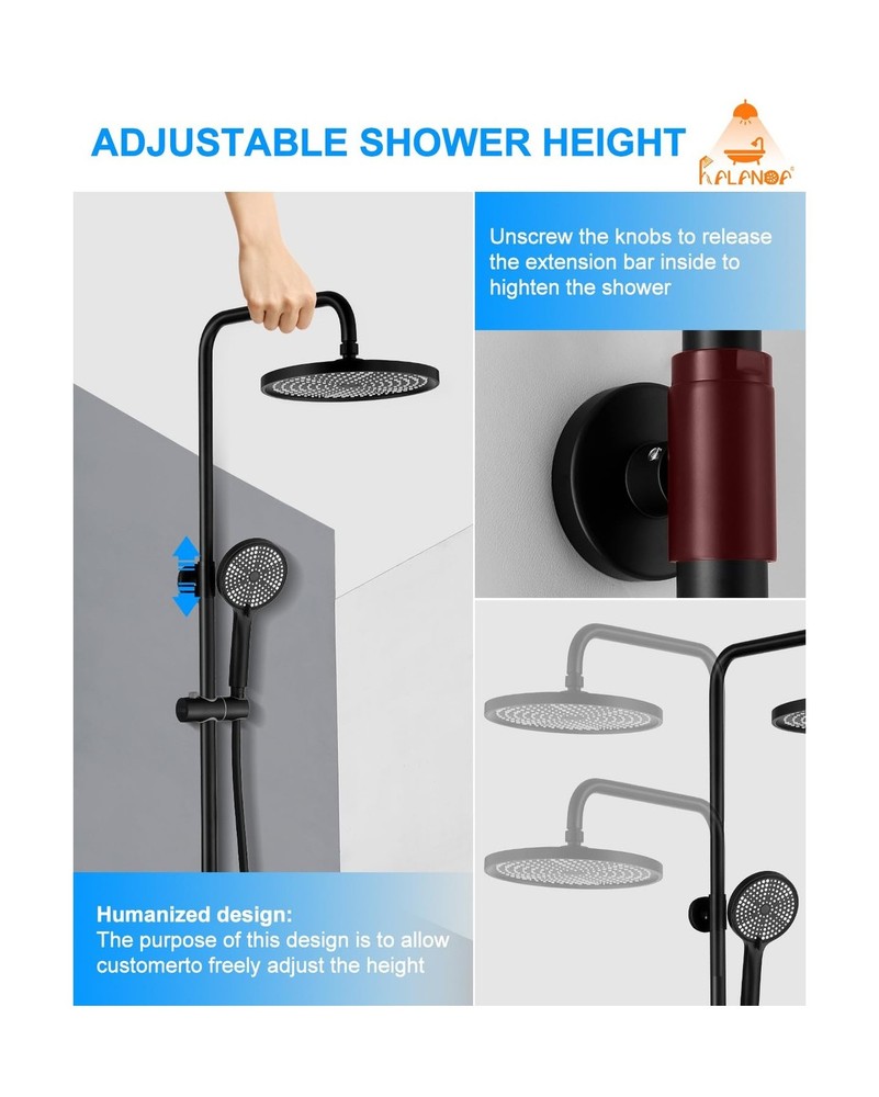 Thermostatic Shower System Matte Black, 3 Functions Handle Tub Rainfall Showe...