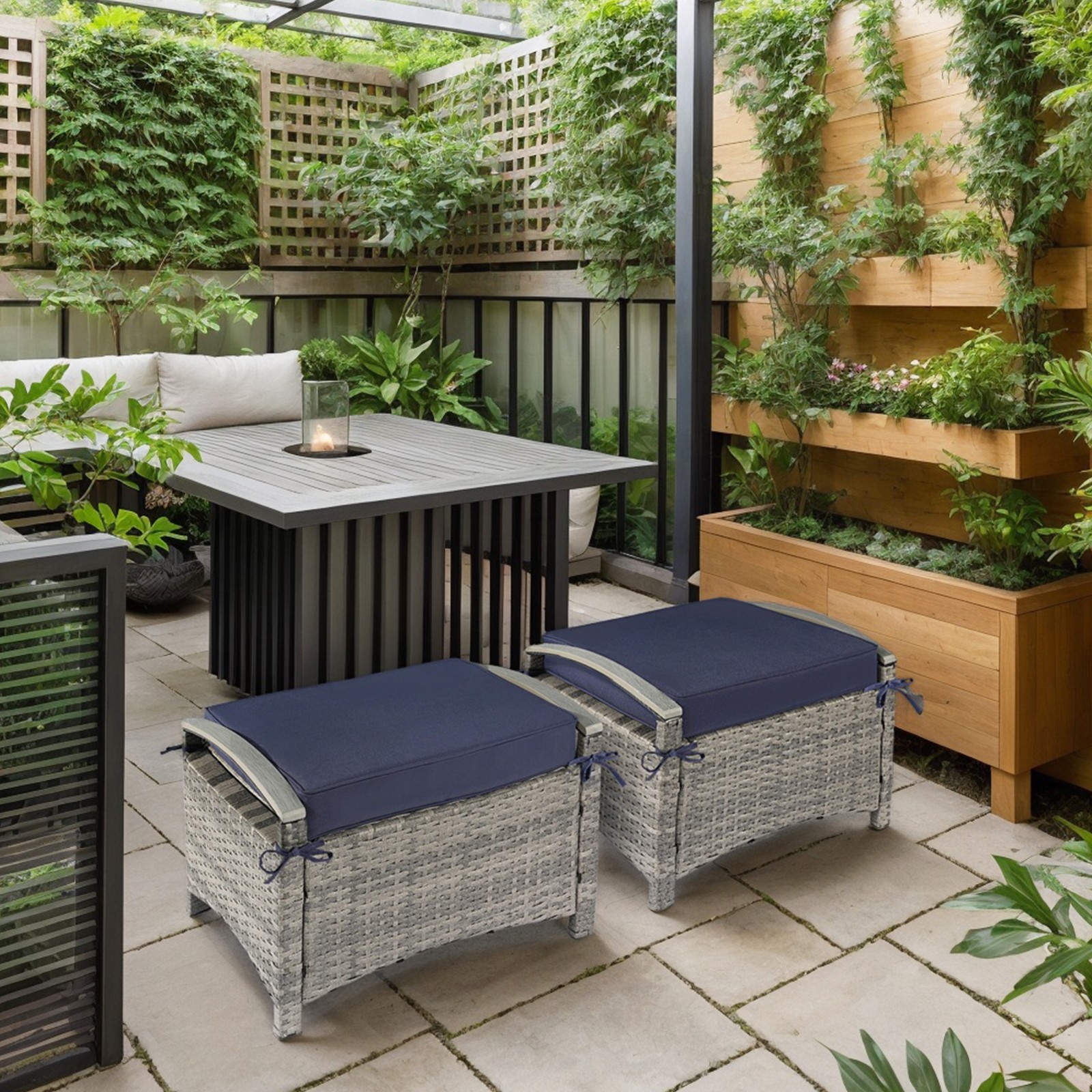 Gray Rattan with Cushions 2PCS In/Outdoor Plastic Wood Armrest Rattan Footstool