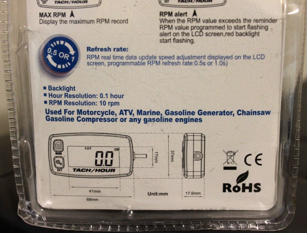 Backlight Digital Tach Maintenance Hour Meter LCD Self Powered Tachometer