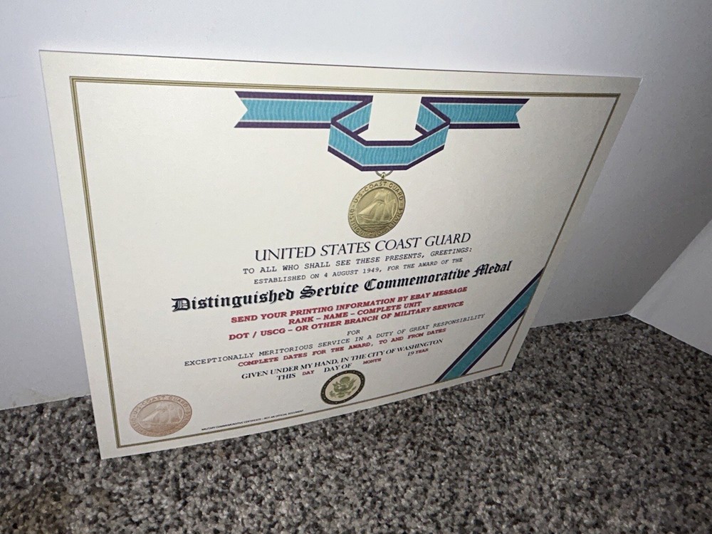USCG DISTINGUISHED SERVICE MEDAL COMMEMORATIVE CERTIFICATE ~ TYPE-2 w/PRINTING