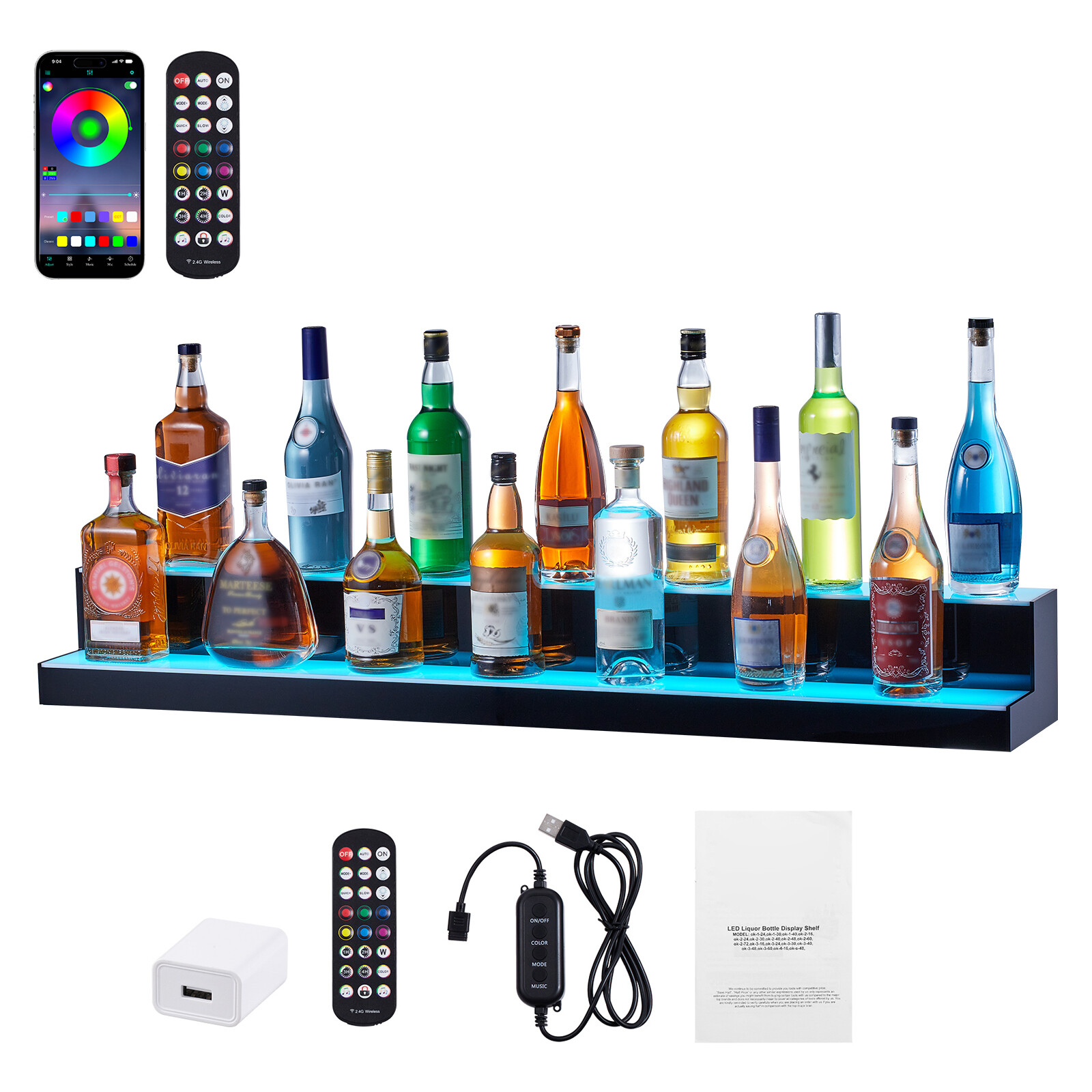 48" 2-Step LED Lighted Liquor Bottle Display Bar Shelf RF& App Control