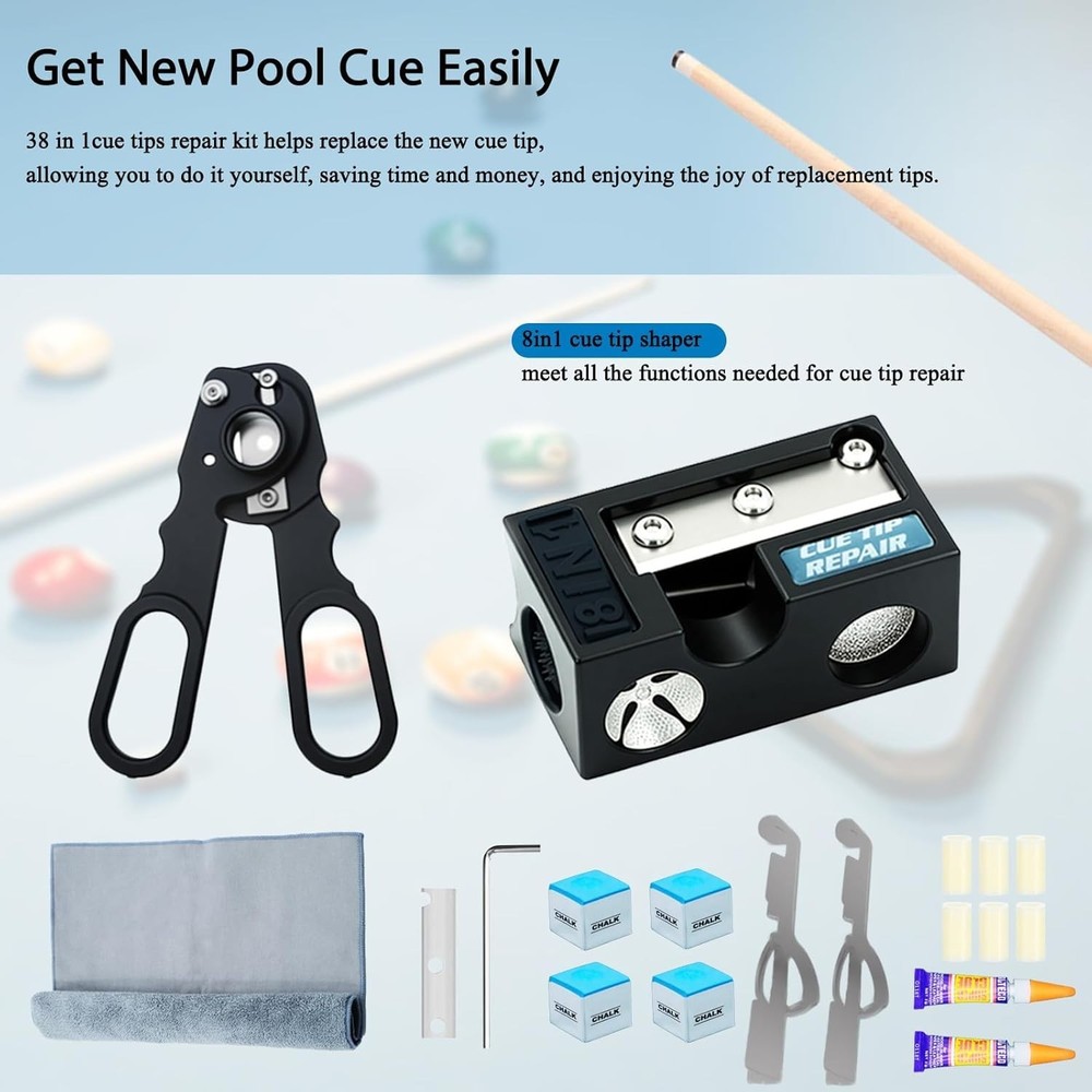 38PCS Pool Cue Tips Replacement Kit, 13mm Pool Stick Tips Replacement Kit Bil...