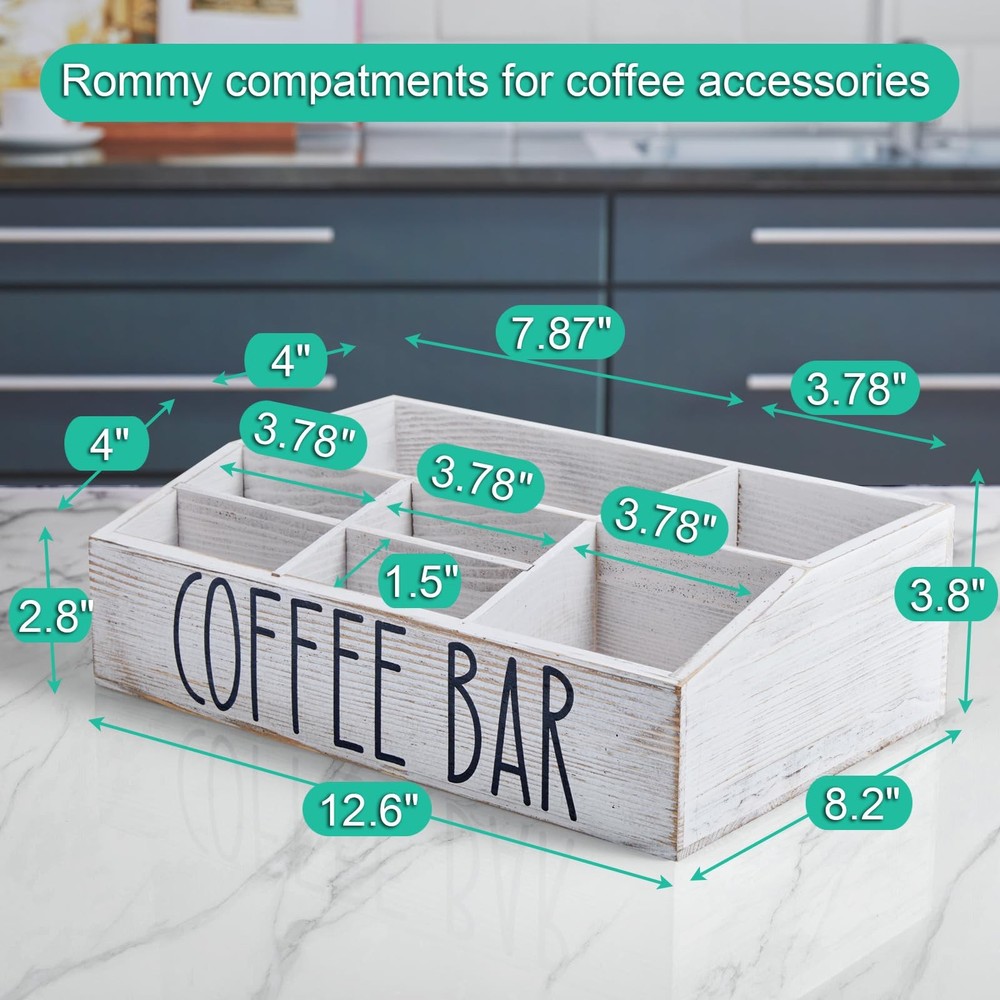 White Coffee Station Organizer Countertop 7 Compartment Rustic Bar Decor