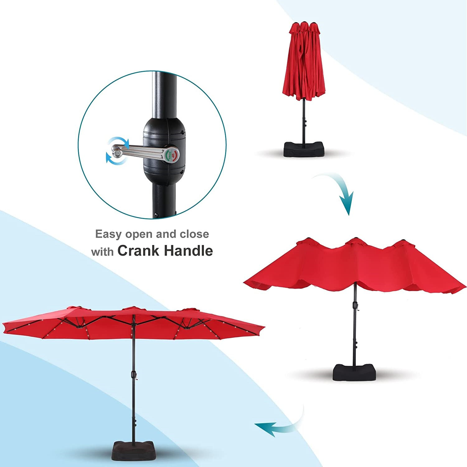 15FT Patio Umbrella Outdoor Double-Sided Umbrella with Solar Light 36 LED Lights