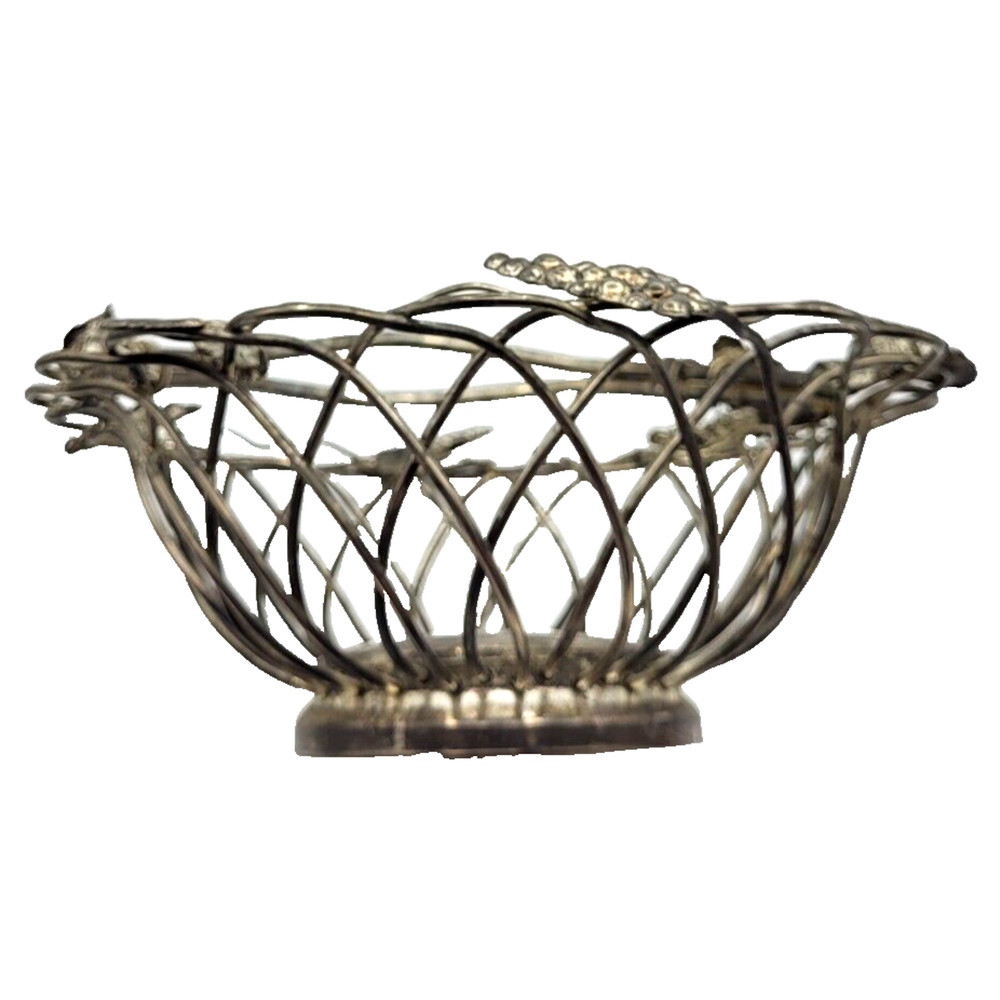 Vintage Godinger Silverplate Fruit Basket Swing Handle Wire Grapes Leaves 12"