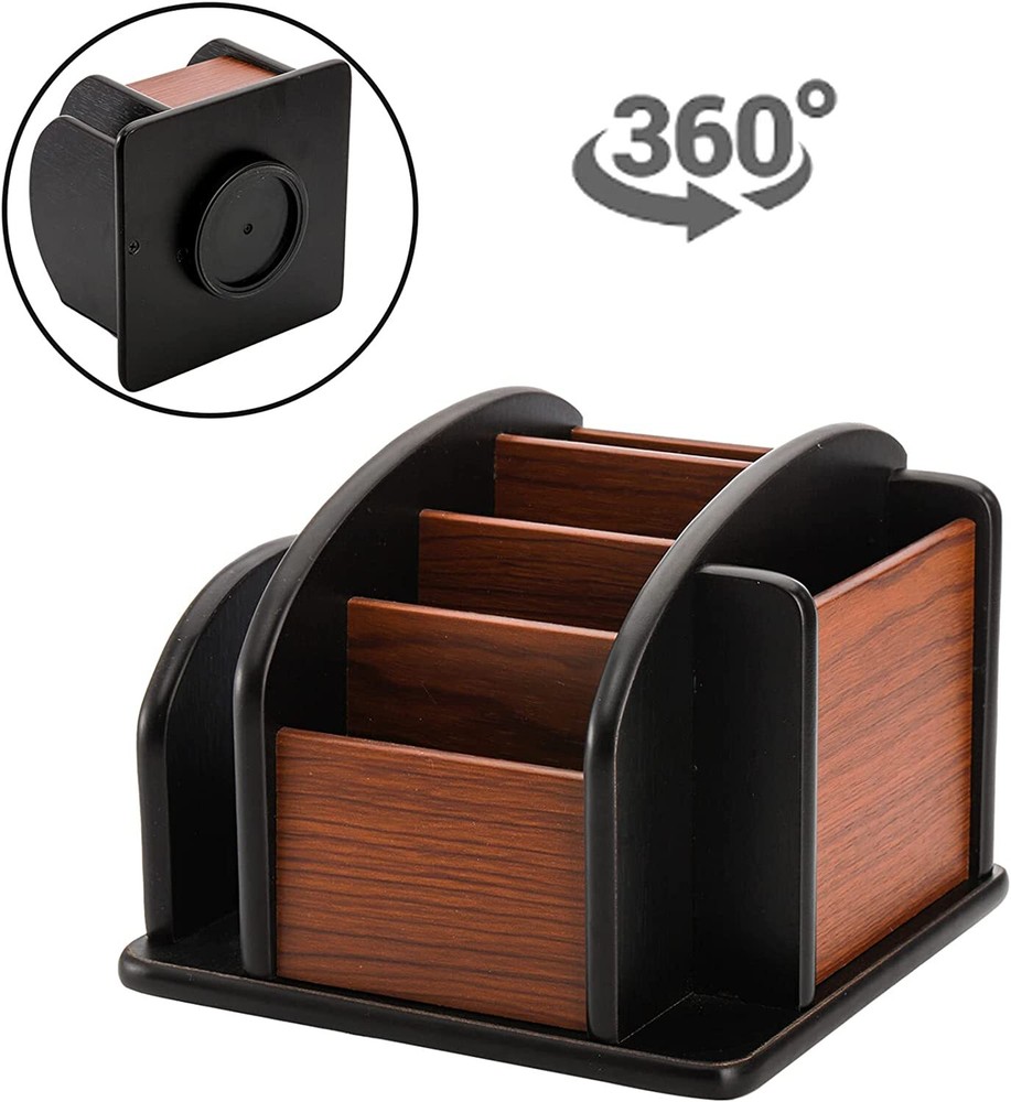 Wood Rotating Remote Caddy, Remote Control Holder for Table, 6-Compartment