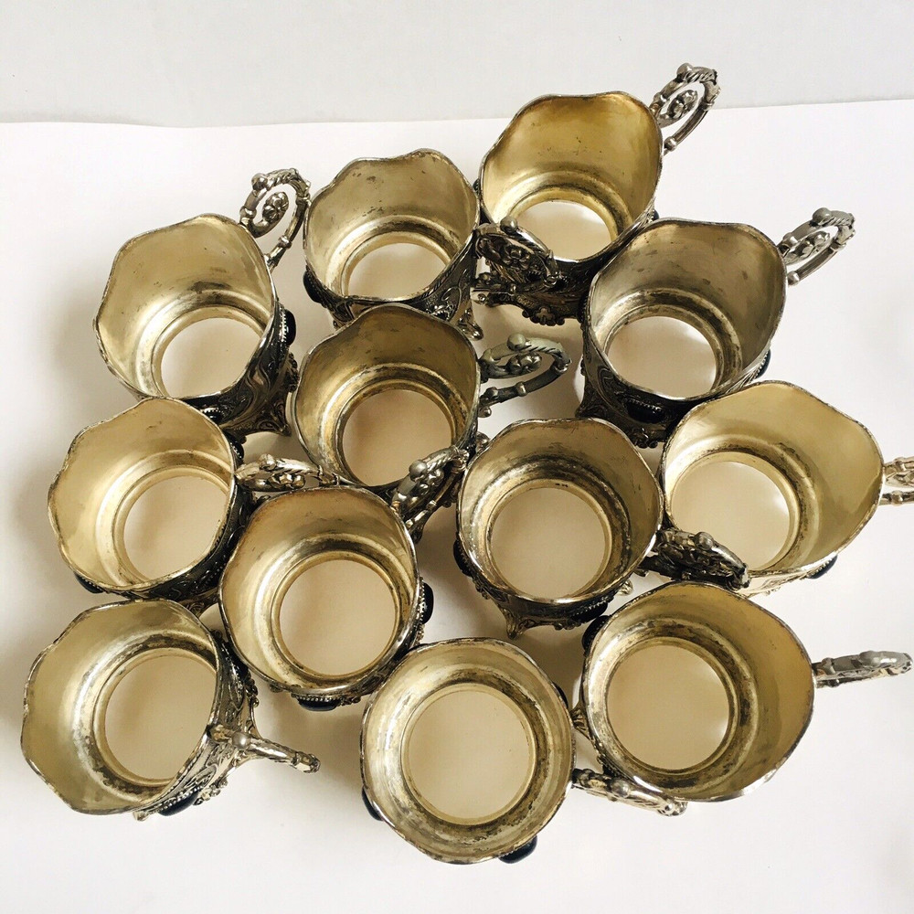 12 sets Tea Glass & Cup Holders Silver Plated With Black Stones Decorative E1-35
