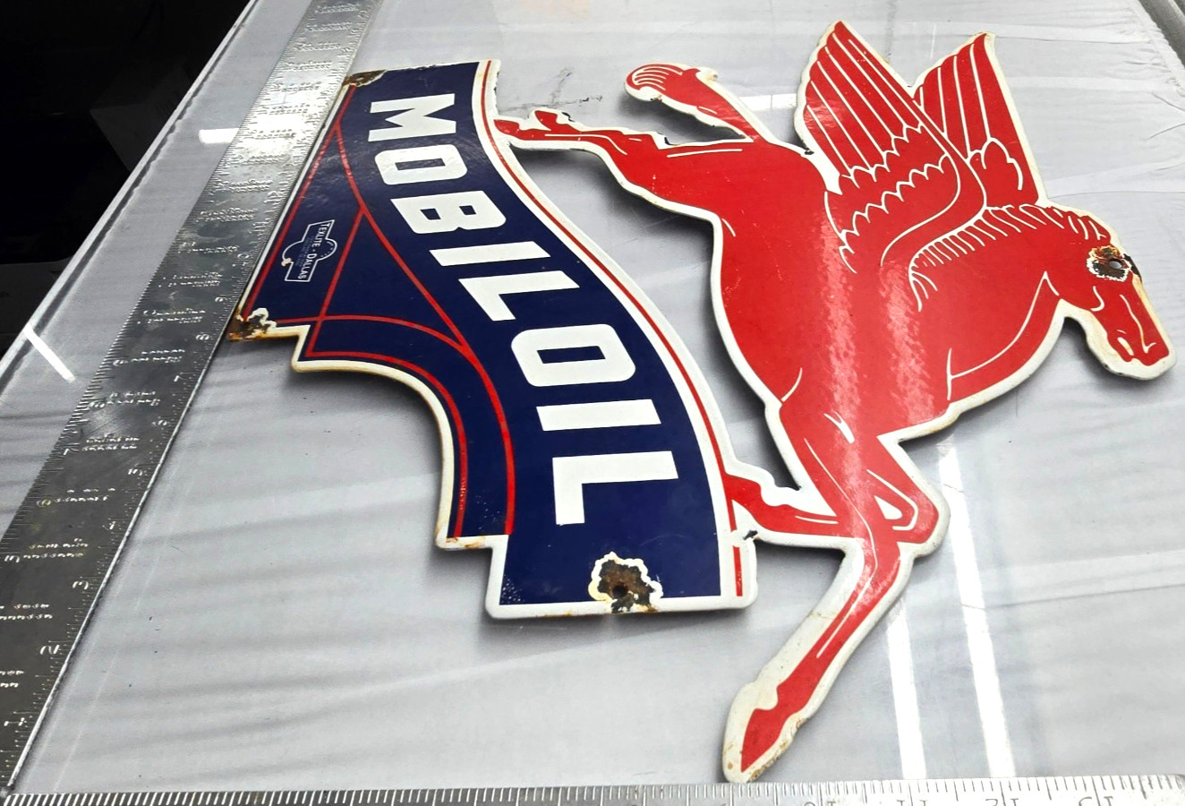 Vintage Mobil OIL Gasoline Sign Pegasus Motor Oil Gas Pump Porcelain Large Sign